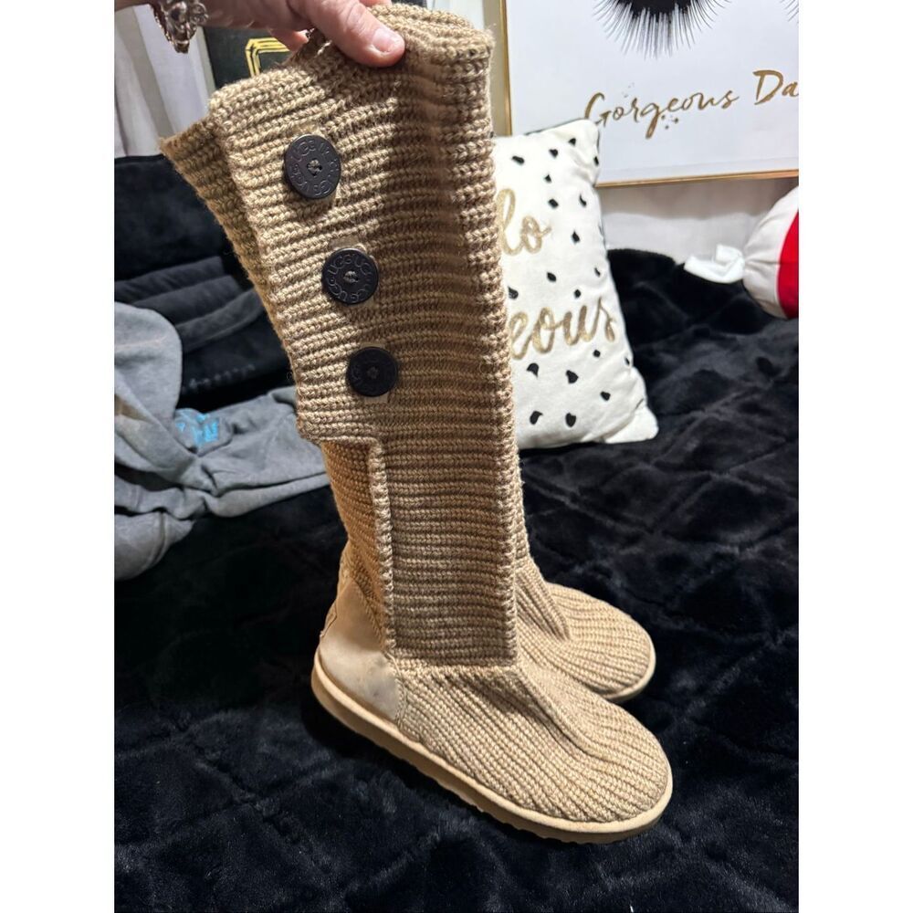 Sz 10 sweater knit tan/brown Cardy UGG boots tall or fold over wear - Picture 4 of 10